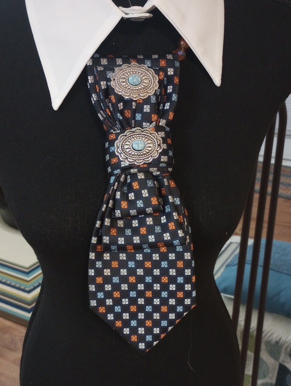 Navy Patterned Necklace with Silver-Tone Conchos and Turquoise Accents